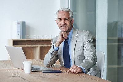 Buy stock photo Portrait, ceo and businessman working on laptop, desk and office for financial year and account. Senior, manager and indoors for company, diary and drinking coffee at table preparing for job
