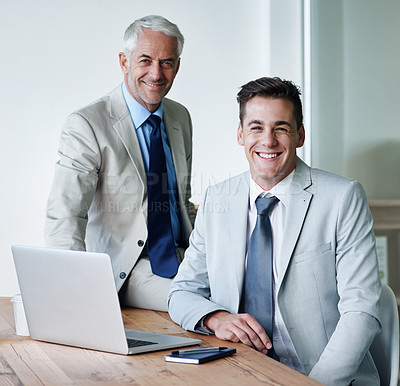 Buy stock photo Senior, businessman and partner with laptop, plan and work for expanding in office and accounts. Manager, employer and accountant at desk, company and meeting for management and staff administration