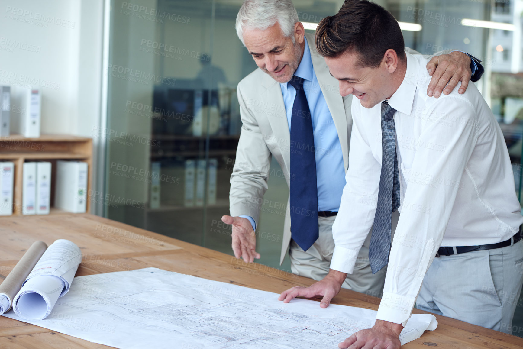 Buy stock photo Architect, collaboration and blueprint with men in office for planning, infrastructure ideas and creativity as team. Building design, architecture and desk for work project or contractor strategy 