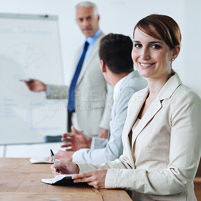 Buy stock photo Meeting, presentation and business woman in portrait, notes for planning with collaboration or corporate training session. Seminar, information and CEO with whiteboard, smile for team and strategy
