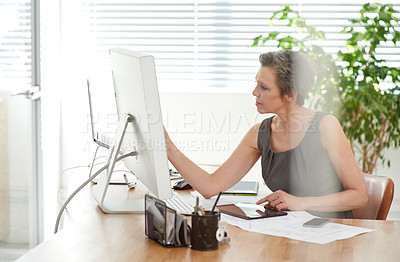 Buy stock photo Mature woman, architect and design with computer, tablet and blueprint for vision or project. Female person, professional and technology as designer or creative for management, company or development