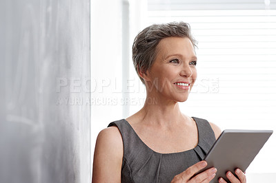 Buy stock photo Thinking, online and mature woman with tablet, professional and ideas for financial report and accountant. Digital, smile and person with app for planning, corporate and project with tech or business