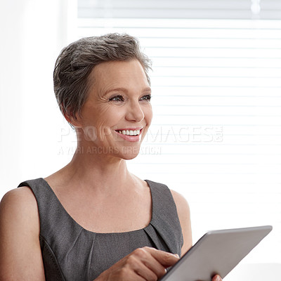 Buy stock photo Thinking, office and mature woman with tablet, professional and ideas for financial report or accountant. Digital, online and person with app for planning, corporate and project with tech or business