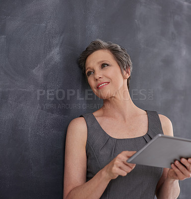 Buy stock photo Thinking, studio and mature woman with tablet, professional and ideas for financial report and accountant. Grey background, online and person with app for planning, corporate and project with tech