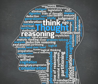 Buy stock photo A graphic illustration of an outline of person's profile filled with thought-related words