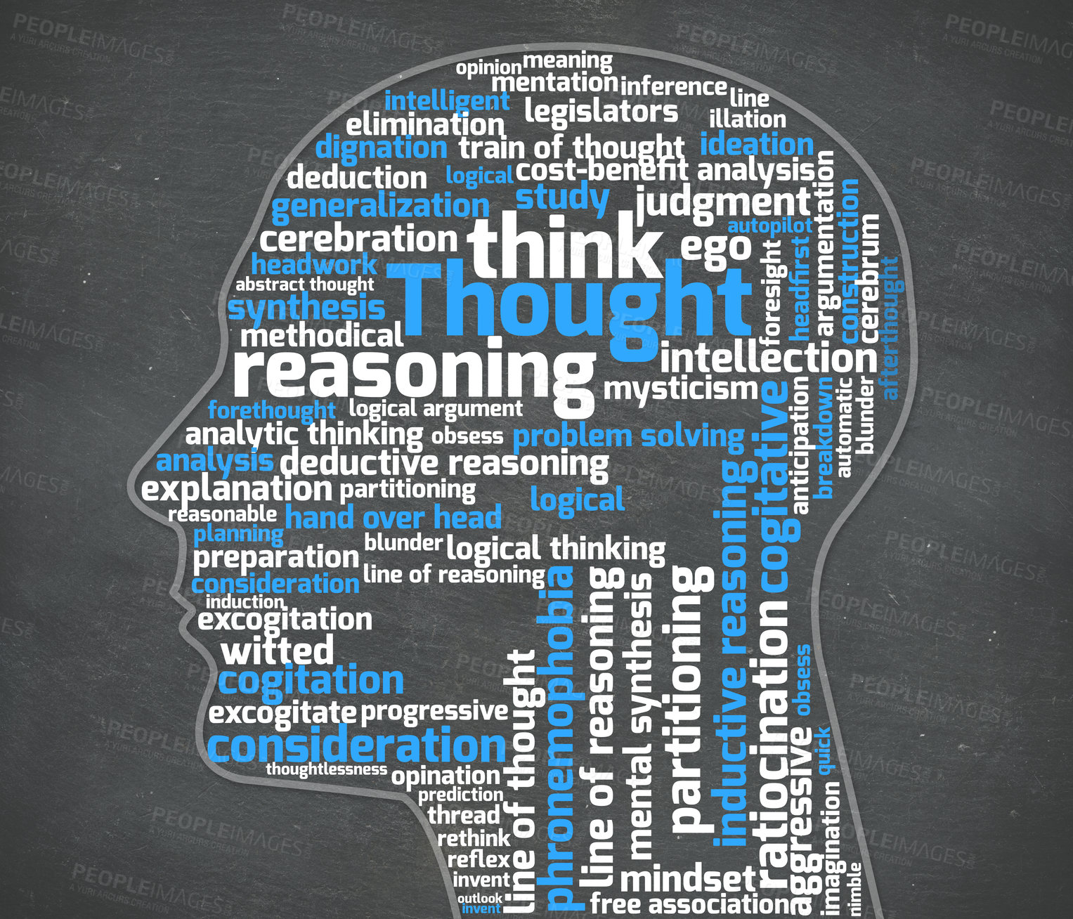 Buy stock photo A graphic illustration of an outline of person's profile filled with thought-related words