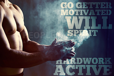 Buy stock photo Man, athlete and hands on banner for deadlift with dust, poster and words of motivation for sport. Wallpaper, body builder and pro champion on template for training inspiration and workout discipline
