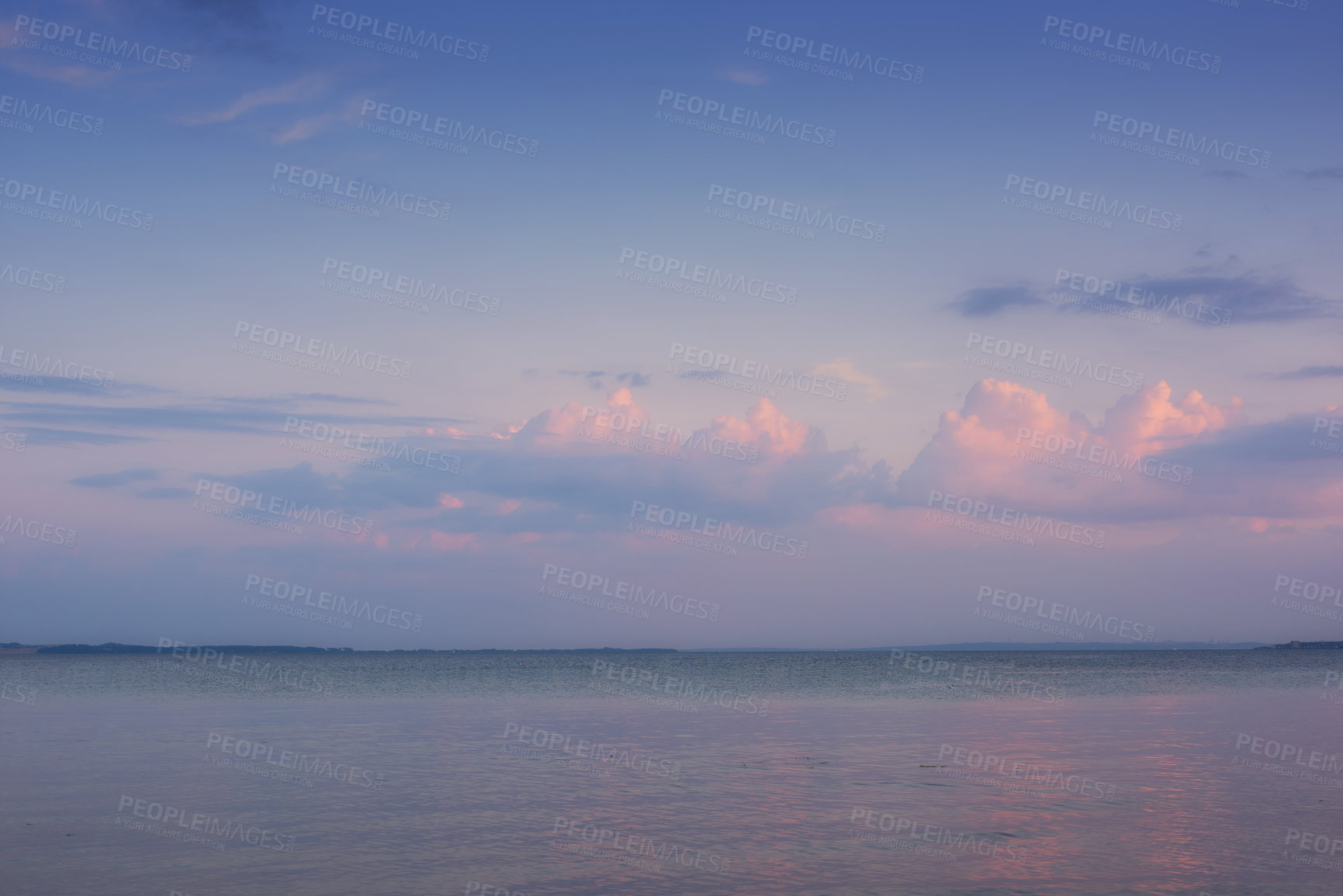 Buy stock photo Sky, clouds and background with ocean at sunset for outdoor peace, environment and calm water. Coast, earth and wallpaper of sea in nature for climate, ecology and travel destination in Maldives