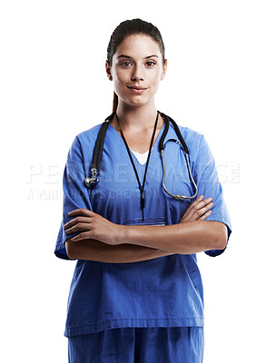 Buy stock photo Woman, doctor and smile in studio for health care on white background, excited and satisfied with career. Female person, confident and happy in portrait as medical professional, expert and support.
