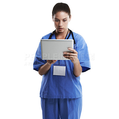 Buy stock photo Healthcare, tablet and woman doctor in studio for health newsletter, information or research on white background. Digital, app or nurse with website, search or scroll for Telehealth communication