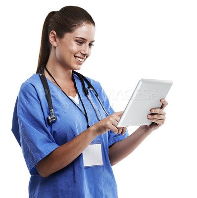 Buy stock photo Tablet, search and woman doctor in studio with medical, inspiration or research on white background. Medicine, innovation and nurse reading hospital newsletter or clinical trial for Alzheimer study