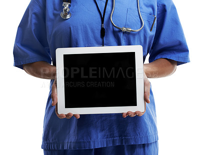 Buy stock photo Cropped studio shot of a doctor showing you the blank screen of a digital tablet against a white background