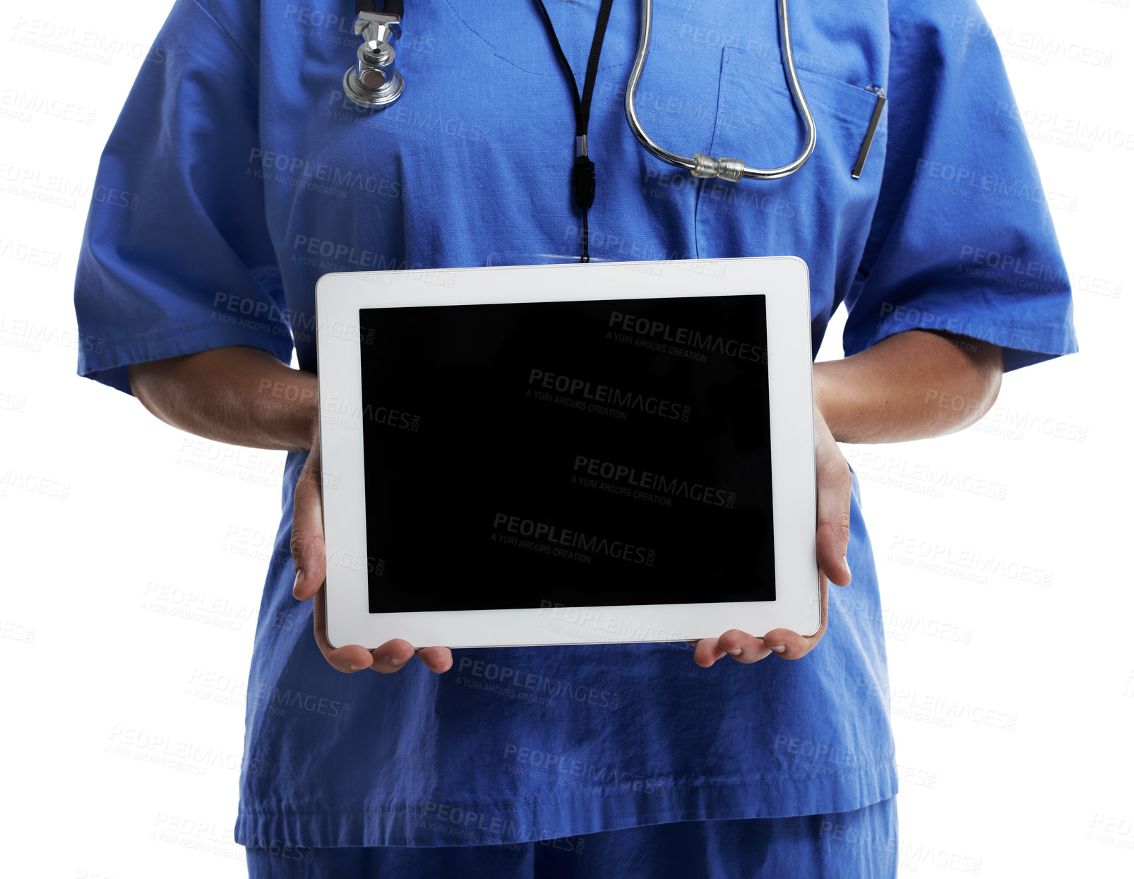 Buy stock photo Cropped studio shot of a doctor showing you the blank screen of a digital tablet against a white background