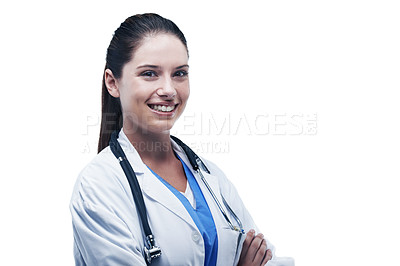 Buy stock photo Woman, portrait and doctor in studio for medicine, healthcare and confidence on white background. Happy female person, specialist and cardiologist for heart care, physician and pride on mockup space