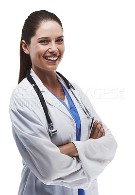 Buy stock photo Woman, portrait and doctor in studio for service, healthcare and confidence on white background. Happy female person, specialist and cardiologist for heart care, physician and pride in consulting