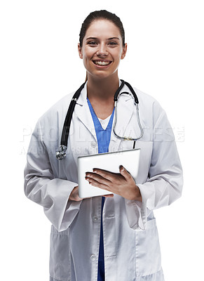 Buy stock photo Portrait, tablet or doctor woman happy in studio for health newsletter, information or research on white background. Digital, app or nurse with website, search or scroll for Telehealth communication