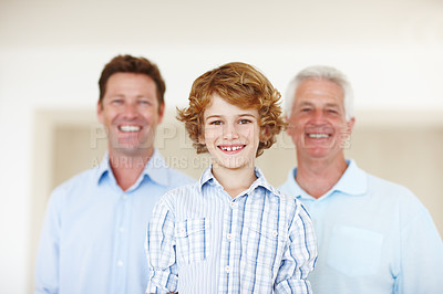 Buy stock photo Men, portrait and smile for family in home, support and happy for together generations in lounge. Male person, care and dad or grandpa in childhood, trust and love in bonding or security in house