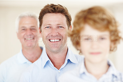 Buy stock photo Row, father and grandfather or son portrait with smile for bonding, love and relax with generations. Happy family, men and boy child with blur for support, care and together with confidence and pride
