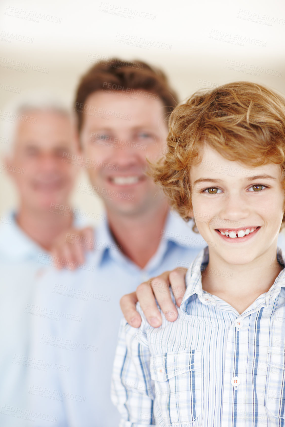 Buy stock photo Row, child and father with grandfather portrait or hand for support, love and trust with generations. Happy family, men and boy kid with home for bonding, care and together with confidence and pride