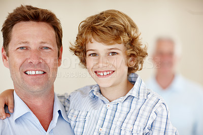 Buy stock photo Happy, hug and portrait of father and child in home together for bonding, relationship and fun. Family, childhood and dad, young boy and grandfather embrace for love, support and relax on weekend
