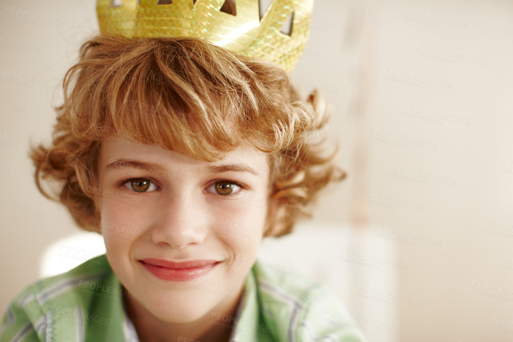 Buy stock photo Happy, crown and portrait of child in home for birthday celebration, party and tradition. Play, excited and face of young boy with decoration for festive event, special day and celebrate in house