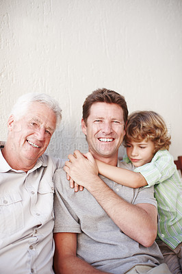 Buy stock photo Relax, man and grandfather or son portrait with smile for bonding, love and hug with generations. Happy family, men and boy child in home for support, mockup space or embrace with confidence or pride