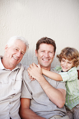 Buy stock photo Father, kid and grandfather hug in portrait on a porch with love, support and bonding on vacation together. Happy family, face and male generations in backyard with solidarity, fun or holiday reunion