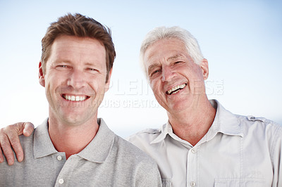 Buy stock photo Senior father, man and hug for portrait with smile, outdoor and bonding on vacation with summer sky. Elderly dad, son and happy together with nature, sunshine and connection on holiday in Australia