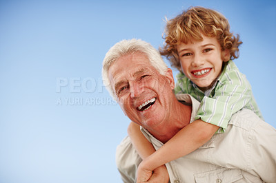 Buy stock photo Happy, blue sky and portrait of grandpa and kid for bonding, relationship and relax together outdoors. Family mockup, nature and grandfather with boy on summer holiday, vacation and weekend at park