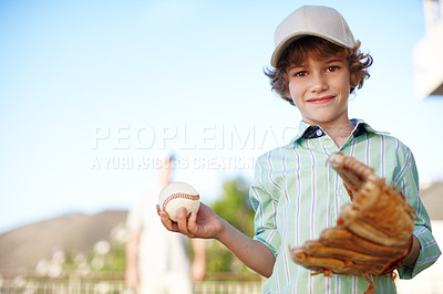 Buy stock photo Boy, glove and baseball with portrait in backyard, games and play with dad for love, bonding and teaching. Child, smile and ready for softball, sports or learning with papa for fitness at family home