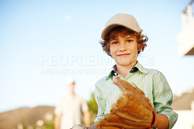 Buy stock photo Boy, glove and baseball with portrait, outdoor and backyard in game with dad for love, bonding or teaching. Child, smile and ready for softball, sports and learning with papa for fun at family home
