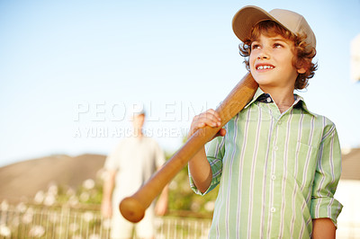 Buy stock photo Boy, bat and baseball with smile, outdoor and backyard in games with dad for love, bonding and teaching. Child, happy and thinking for softball, sports and memory with father for fun at family home