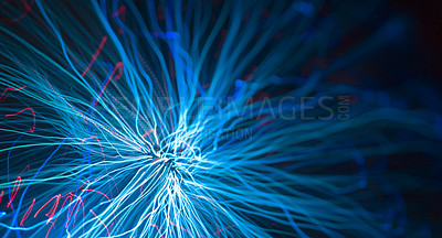 Buy stock photo Illustration of beams of light against a dark background. Abstract laser beams of light. Modern futuristic Tech and technology concept. Dynamic motion of vibration. Bizarre illustration of electricity