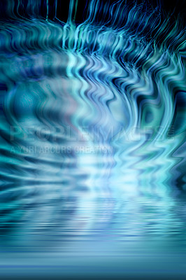 Buy stock photo 3D illustration of beams of light with ripple effect against a dark background. Abstract design of circle spirals and zigzag lines in colors of blue. Futuristic rendering of wavy water splash textures