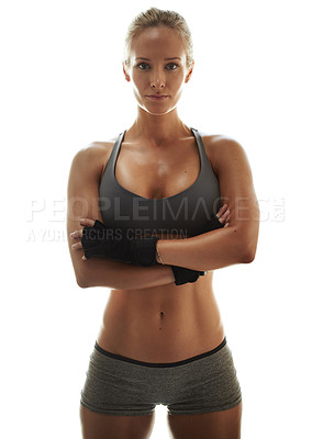 Buy stock photo Fitness, body and portrait of woman with arms crossed for muscle, abs or stomach on white studio background. Health, confidence or abdomen of sports model with results, exercise or pride for progress