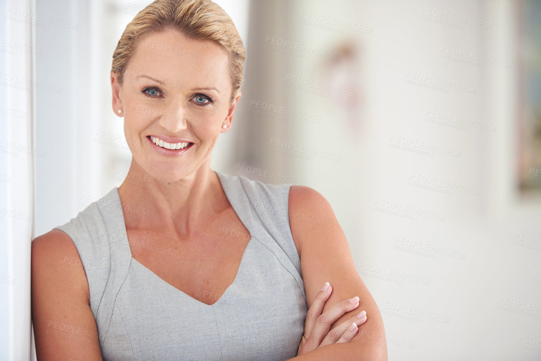 Buy stock photo Woman, business and portrait in office with arms crossed for corporate career, secretary or receptionist with pride. Female person, professional employee and smile in workplace for job with admin