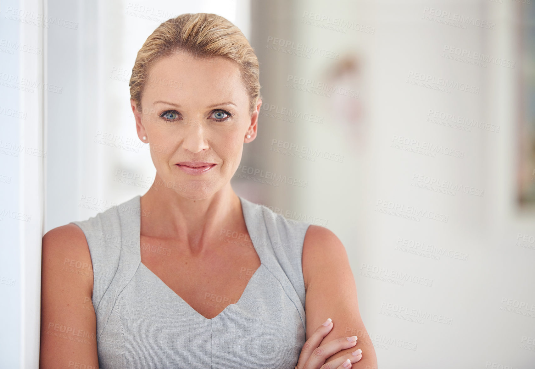 Buy stock photo Arms crossed, portrait and serious with business woman in office for administration or management. Corporate, face and mission with confident mature employee in professional workplace for career