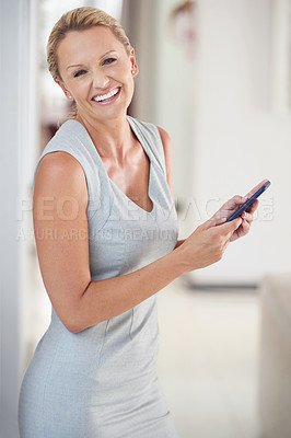 Buy stock photo Business, woman and portrait with phone in office for communication, email and feedback of online negotiation. Smile, female person and mobile for contact, networking and schedule of meeting agenda