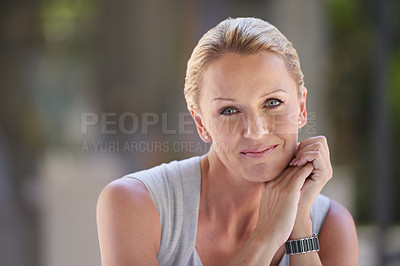 Buy stock photo Confident, portrait and smile with business woman at workplace for administration or management. Corporate, happy and mission with face of mature employee in professional office for company career