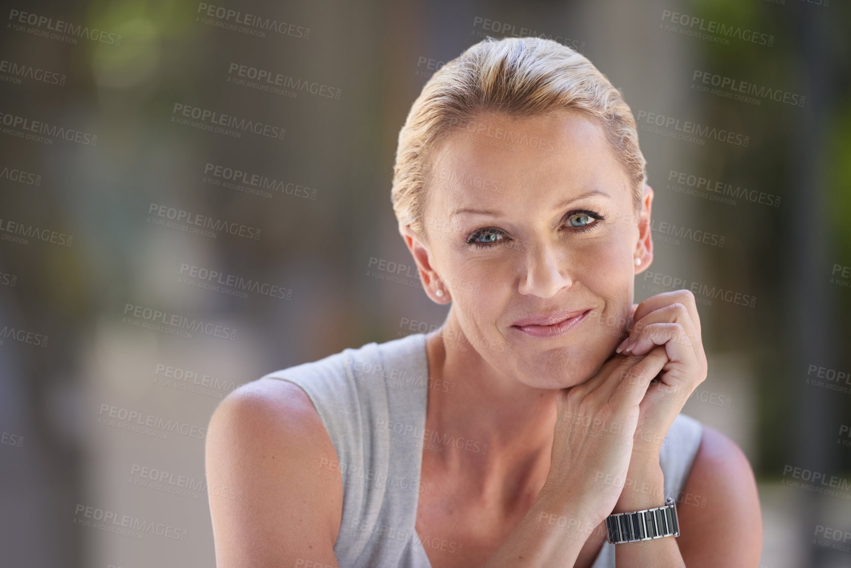 Buy stock photo Confident, portrait and smile with business woman at workplace for administration or management. Corporate, happy and mission with face of mature employee in professional office for company career