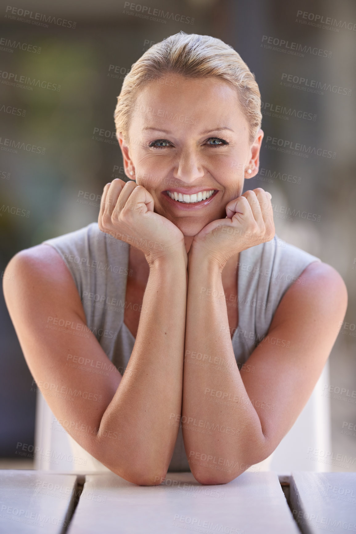 Buy stock photo Desk, portrait and smile with business woman outdoor at office for administration or management. Corporate, happy and mission with mature employee at professional workplace for career or job