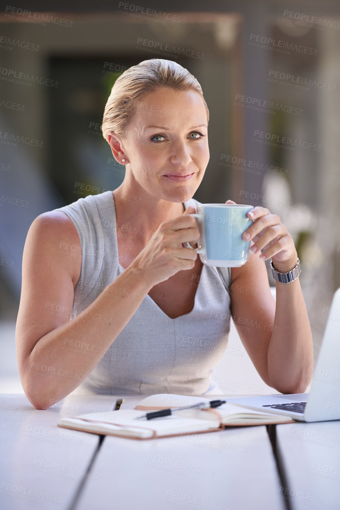 Buy stock photo Business woman, smile and portrait in home office with laptop, coffee and empowerment as consultant in firm. Female person, mature and experience with happiness, professional and lawyer in outdoor