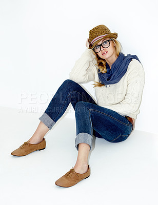 Buy stock photo Fashion, spectacles and young woman in studio with trendy, cool and stylish outfit and accessories. Confident, portrait and female model from Australia with edgy and casual style by white background.