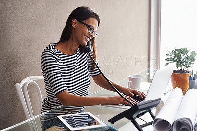 Buy stock photo Woman, phone call or laptop in business, startup or consulting for schedule, admin or productivity. Businesswoman, entrepreneur and smile in construction or crm, architect or building company