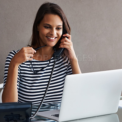 Buy stock photo Telephone, smile and business woman with laptop in conversation, talk or listening to contact with glasses in startup office. Landline, computer or secretary on call, receptionist or creative at desk