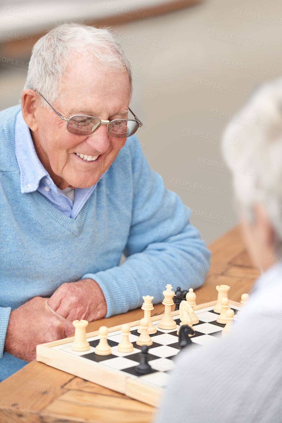 Buy stock photo Chess, game and happy outdoor with old people together in retirement to relax on holiday or vacation. Elderly, friends and person smile for winning competition, checkmate or activity with strategy