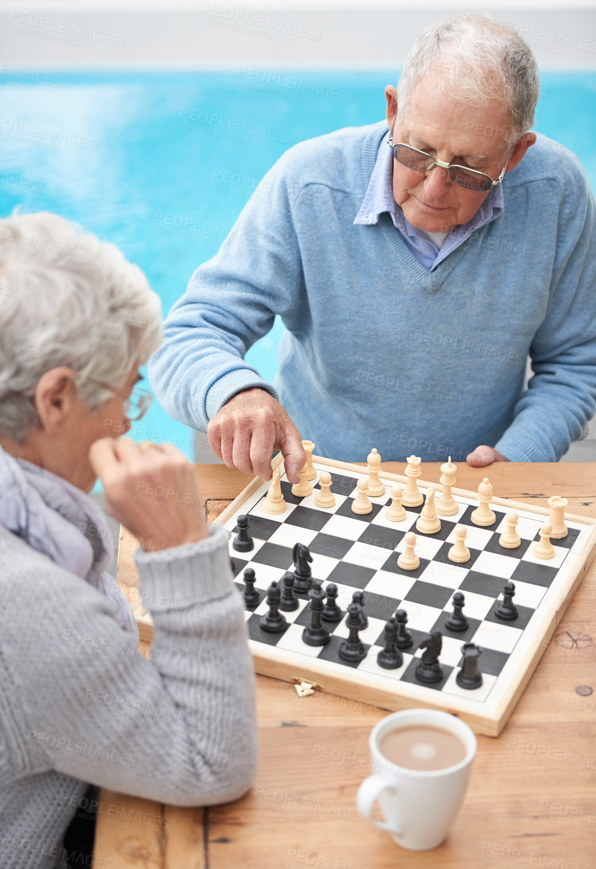 Buy stock photo Chess, relax and old couple thinking while playing a board game in backyard or bonding together. Mind, problem solving or challenge with an elderly man or senior woman in the garden for competition