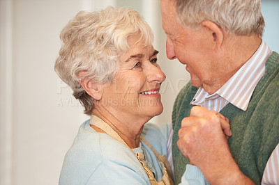 Buy stock photo Elderly, couple and happy with dancing in home for bonding, support and holding hands with romance. Senior, man and woman with hug, embrace and smile for relationship, dancer and love with affection 