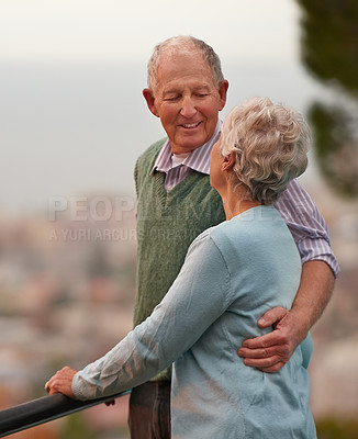 Buy stock photo Love, marriage and elderly couple on balcony of home together with view of nature for romantic getaway. Smile, anniversary or bonding with happy senior man and woman outdoor on holiday or vacation