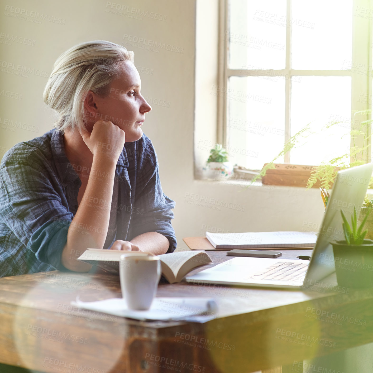 Buy stock photo Thinking, book and window with woman in house for reflection, remote work or planning. Creative, brand identity designer and client research with person in home office for inspiration and idea